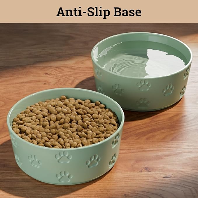 Ceramic Dog Bowl Set of 2 with Anti-Skid Base - 6.5" Wide x 2.5" Tall Ceramic Dog Bowls Medium Sized Dogs - 3.8 Cup Capacity Food and Water Bowls for Dogs - Rubber Bottom Pet Bowl Set of 2 Medium Size