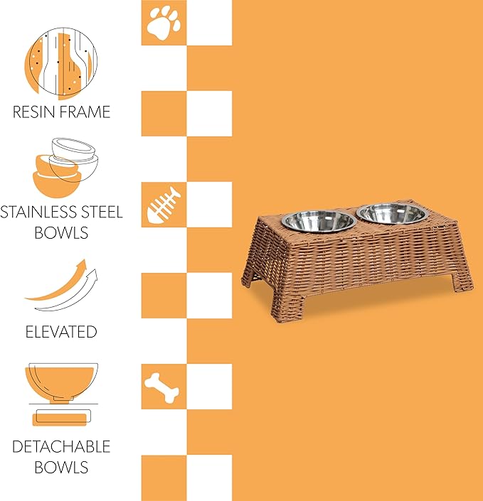 DBL4000B Serenity 6.9" Small/Medium Elevated Wicker Pet Feeder with 18oz (2.2 Cups) 2-Stainless Steel Bowls, Brown