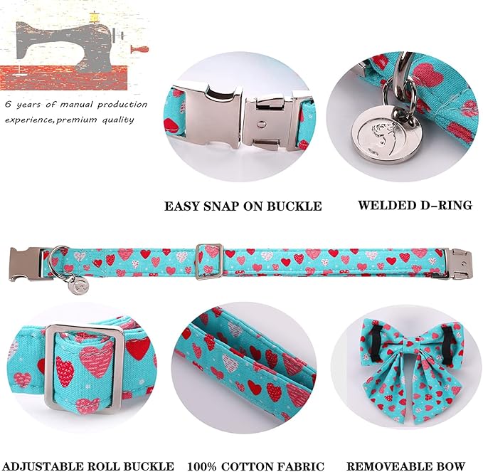 DOGWONG Valentine's Dog Collar with Sailor Bowtie - Blue Heart Adjustable Cotton Heart Dog Collar - Perfect for Small, Medium, Large Dogs