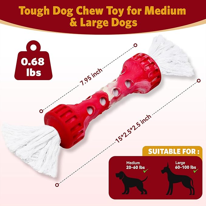 Interactive Dog Toy, Durable Teeth Cleaning Chew Toy, Outdoor Fetch and Retrieve Dog Toy, Natural Rubber Bone with Cotton Tassels for Medium and Large Dogs, Cream Scented, Red/White