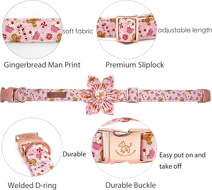 Elegant Little Tail Dog Collar With Flower - Christmas Plaid Adjustable Collar for Medium Dogs and Girl Pets