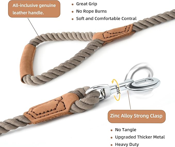 Mile High Life Dog Leash, Braided Cotton Rope Leashes with Leather Handle - Heavy Duty Metal Clasp, 5FT, 1/2" Thick - Wedding, Walking & Training Leash for Small Medium Large Dogs (Camel)