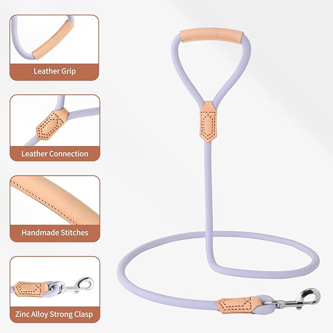 Mile High Life Leather Dog Leash, Heavy Duty Strong Genuine Leather Handle Rope Leash Soft and Comfortable for Small Medium Large Dogs (Purple, 72 Inch)