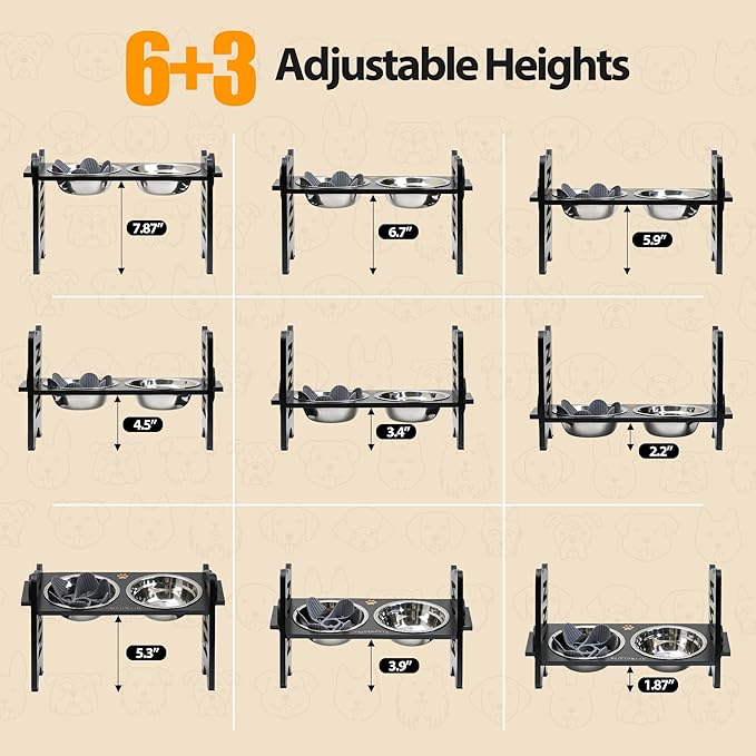 Elevated Dog Bowls, 9 Heights Adjustable Raised Dog Bowl Stand for Small & Medium Pet with 2 Stainless Steel Dishes and 1 Slow Feeder Bowl, Sturdy Bamboo Pet Food Dishes with Non-Slip Feet