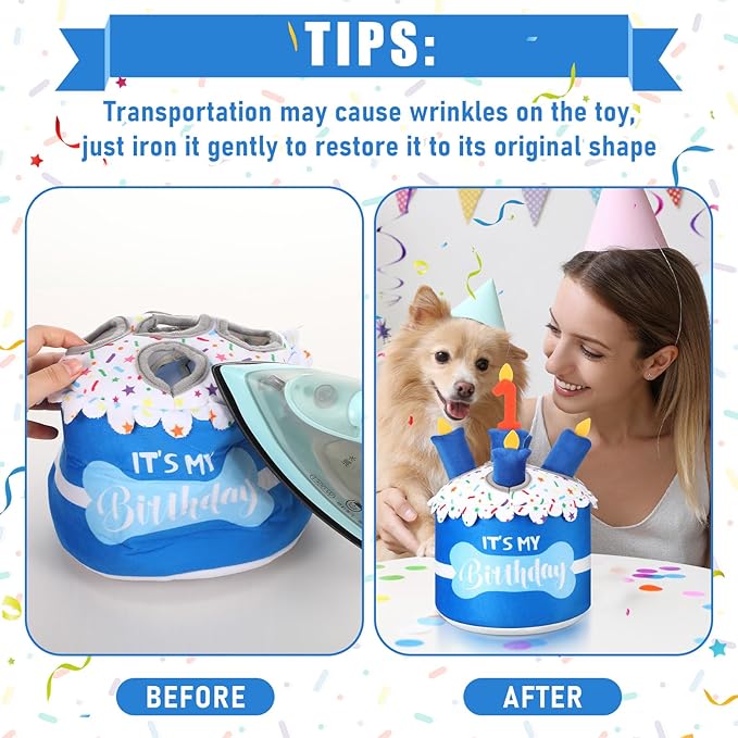 Dog 1st Birthday Cake Toy Squeaky Interactive Dog Toy Hide and Seek Plush Dogs Puzzle Puppy Toys for Boredom Keep Them Busy for Small Medium Dogs(Blue)