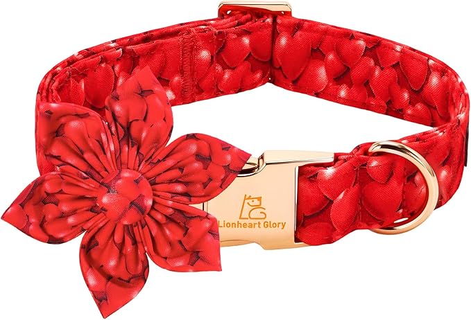 Lionheart glory Dog Collar with Flower - Valentine's Day Dog Collar for Small Dogs Red Hearts Print Collars Soft Adjustable with Flower Male Female Dogs Spring Cute Collars