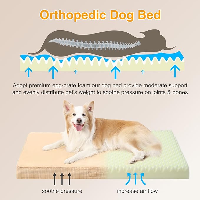 MIHIKK Washable Orthopedic Dog Bed for Large Dogs, XL Waterproof Pet Bed with Egg Crate Foam Strong Support, Machine Washable Cover & Anti-Slip Bottom & Durable Zipper 41x27(Light Brown)