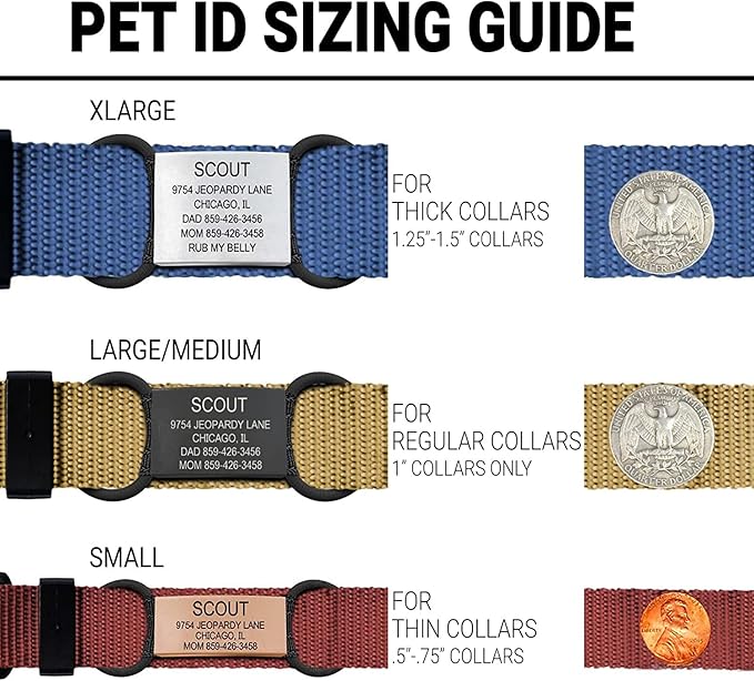 Personalized Dog Tags by ROAD iD | Silent & Durable | Jingle-Free Slide-On Design | Stainless Steel Name Tag Fits Any Collar | Multiple Colors & Sizes for Your Pet's Unique Style