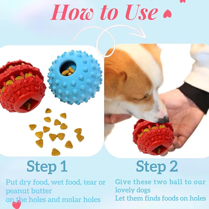 2Pack Interactive Dog Puzzle Toys for Treat Dispensing, Durable Rubber Dog Balls for Teething, Treat Ball for Small/Medium/Large, Slow Feeder/IQ Training Blue-3.14‘’,Red-2.67‘’