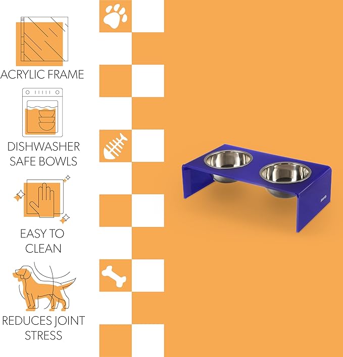 The LICKER Store DBL2001F Keaton 7.5" Medium/Large Modern Acrylic Rectangular Elevated Pet Feeder with 54oz 2-Stainless Steel Bowls, Purple/Chrome