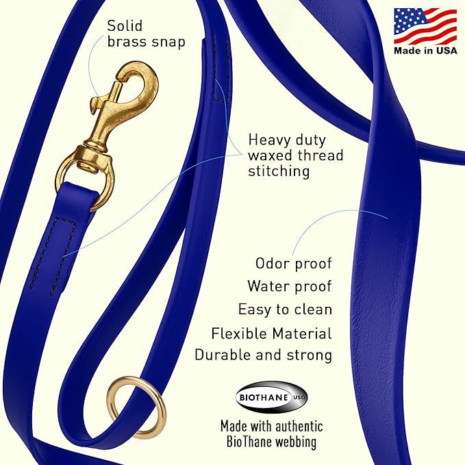 Viper Biothane K9 Working Dog Leash Waterproof Lead for Tracking Training Schutzhund Odor-Proof Long Line with Solid Brass Snap for Puppy Medium and Large Dogs 6ft, Blueberry Royal