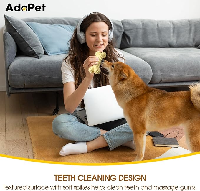 Dog Chew Toy Bone – Durable Rubber Teeth Cleaning Toy with Spikes, Interactive Molar Toy for Puppies & Small Dogs, Yellow
