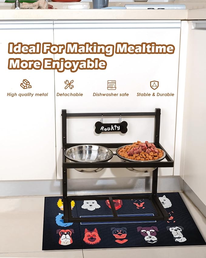 Elevated Dog Bowls with Slow Feeder & Mat, Adjusable Height Raised Dog Bowl Stand with 2 Stainless Steel 1200ML Bowl
