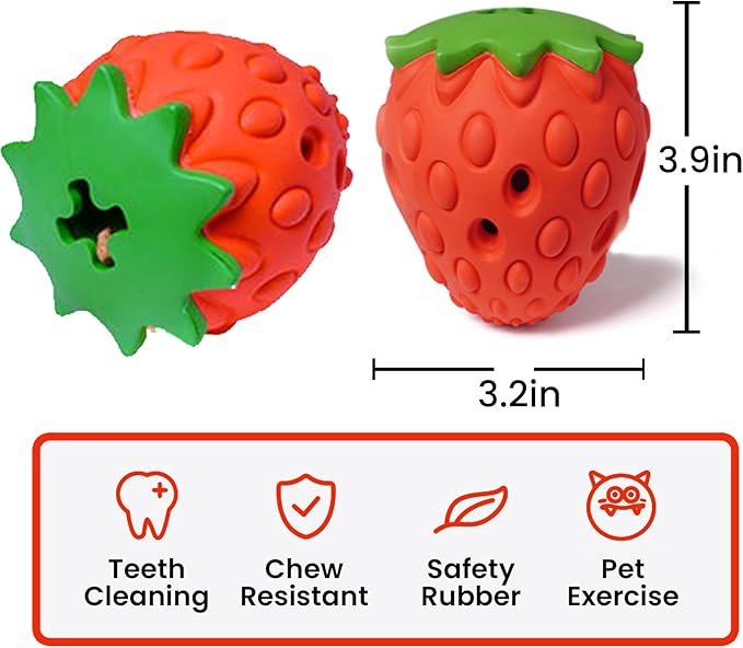 Dog Puzzle Toy, Interactive Dog Treat Dispenser, Soft Rubber Toys for Aggressive Chewers, Enrichment Toys for Teething, Strawberry