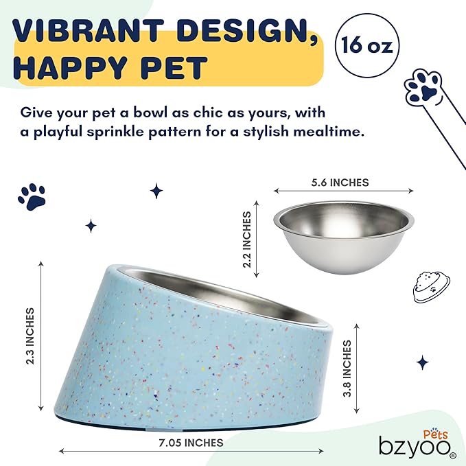 bzyoo 16oz Tilted Dog Bowl for Small Dogs & Cats, 15° Elevated Stainless Steel Pet Feeder, Ergonomic Anti-Vomiting Food Bowl for Frenchie, Pug, Persian Cat, Non-Skid Melamine Stand, Sprinkle (Blue)
