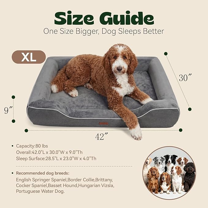 42 Inch XL Orthopedic Dog Couch Bed for Large Dogs Up to 80 lbs,Cooling Gel Memory Foam + Egg Crate Foam,Waterproof Removable Washable Cover,4-Sided Bolster,Non-Slip Bottom,Dark Grey
