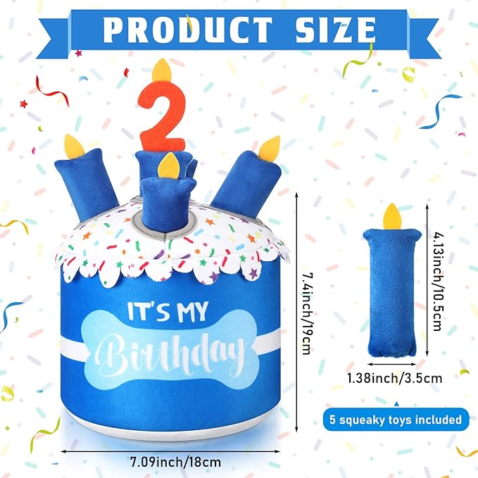 Dog 2nd Birthday Cake Toy Squeaky Interactive Dog Toy Hide and Seek Plush Dogs Puzzle Puppy Toys for Boredom Keep Them Busy for Small Medium Dogs(Blue)