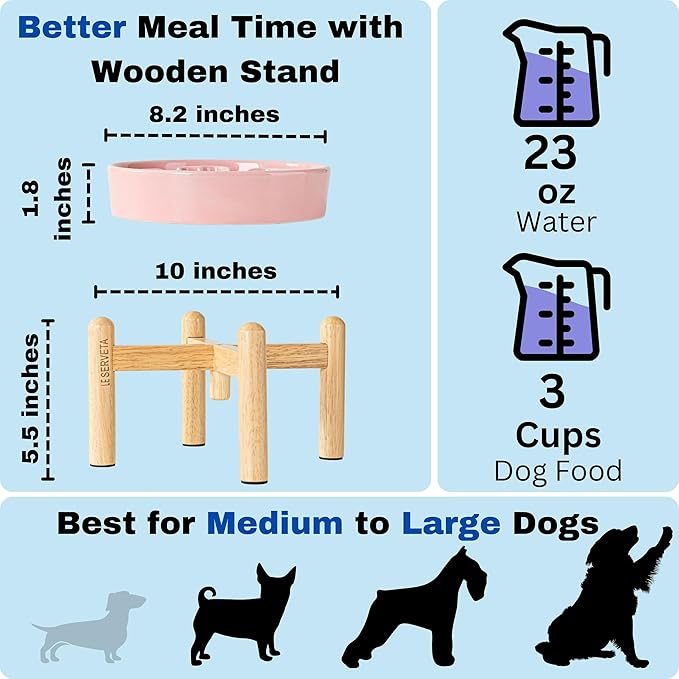 Ceramic Slow Feeder Dog Bowls, Raised, 3 Cups Elevated Slow Feeder with Wooden Stand for Medium Large Breed, Puzzle Dog Food Bowl, Flower (Pink)