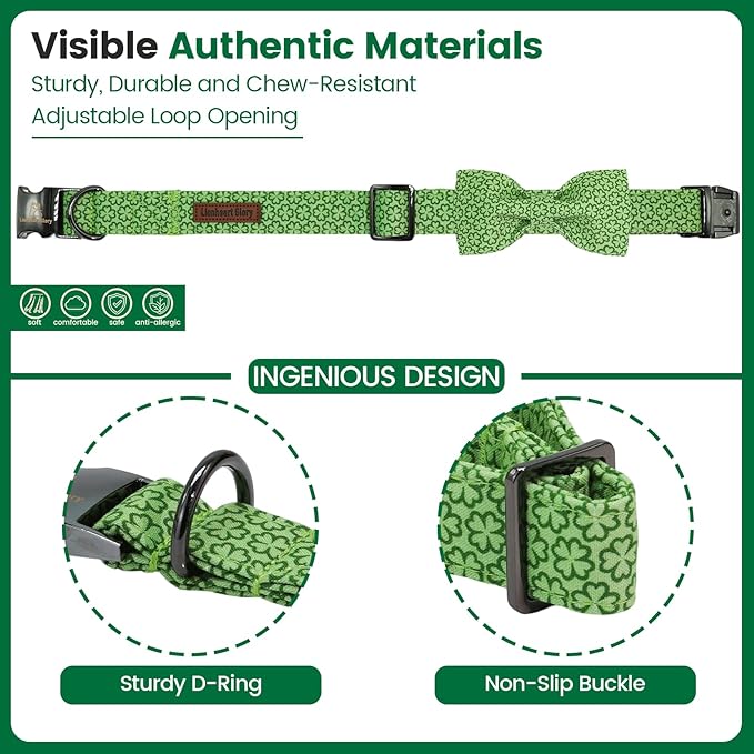 Lionheart glory St. Patrick's Day Dog Collar with Bowtie - Cute Lucky Clover Shamrock Dog Bow Collar, Soft Adjustable Collars Green Spring Trefoil Collars Bowtie for Medium Dogs