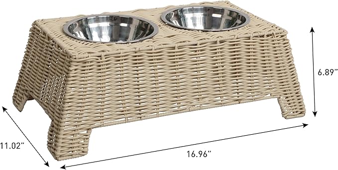DBL4000F Serenity 6.9" Small/Medium Elevated Wicker Pet Feeder with 18oz (2.2 Cups) 2-Stainless Steel Bowls, Almond