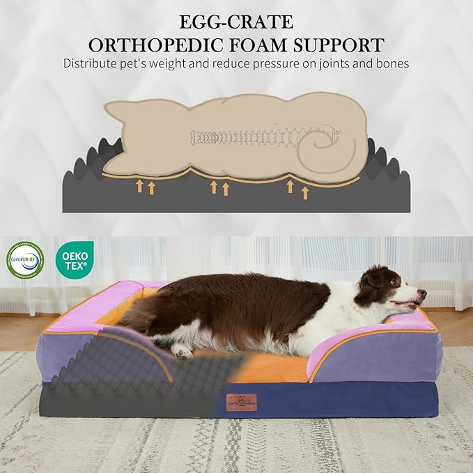 Comfort Expression Orthopedic Dog Bed for Large Dogs 36x27 Inch, Waterproof Egg Crate Foam Large Pet Bed with Removable Bolsters, Dog Couch with Washable Cover & Non-Slip Bottom, Orange Breeze