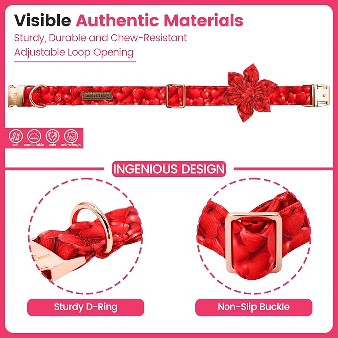 Lionheart glory Dog Collar with Flower - Valentine's Day Dog Collar for Large Dogs Red Hearts Print Collars Soft Adjustable with Flower Male Female Dogs Spring Cute Collars