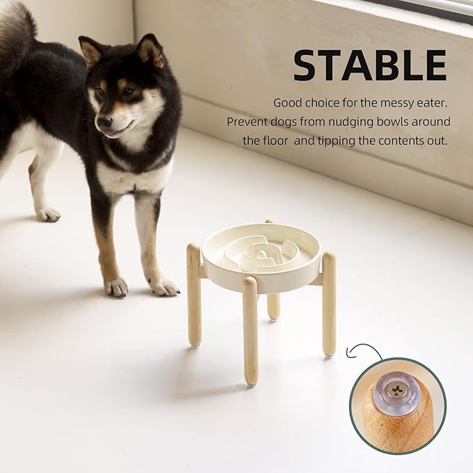 Ceramic 1.6 Cup Raised Slow Feeder Dog Bowl Set, Elevated Wooden Stand for Medium and Large Dog, 8.2inch Puzzle Slow Dish, Anti-Gulping(Beige, Single Bowl+ Stand)