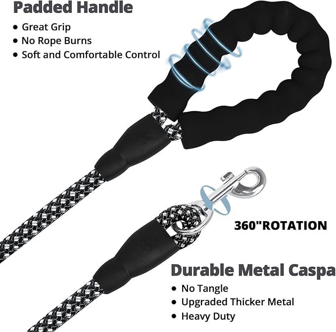 jenico Rope Dog Leash 8FT: Heavy Duty Leashes with Swivel Lockable Hook Reflective Threads Bungee and Padded Handle - Dog Lead for Large Small Medium Dogs Outside Walking Hiking