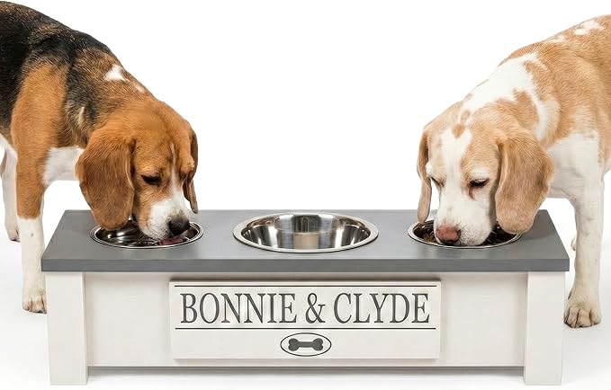 GTW Personalized Elevated Triple Dog Bowl Stand for Large, Medium, Small, X-Small Dogs - 3 Stainless Steel Food and Water Bowls - Raised Dog Dish with Internal Storage (Small, Grey)