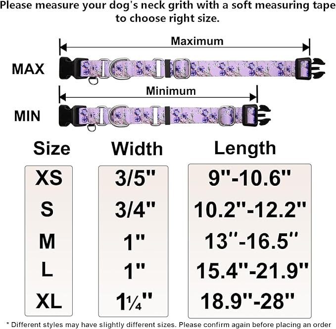 Martingale Collar for Dogs Floral Dog Collars for Small Medium Large Dogs with Buckle Adjustable Soft Nylon Dog Collar (Purple Lily, Large)