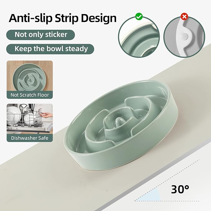 Ceramic 1.6 Cup Raised Slow Feeder Dog Bowl Set, Elevated Wooden Stand for Medium and Large Dog, 8.2inch Puzzle Slow Dish, Anti-Gulping(Light Green, Single Bowl+ Stand)
