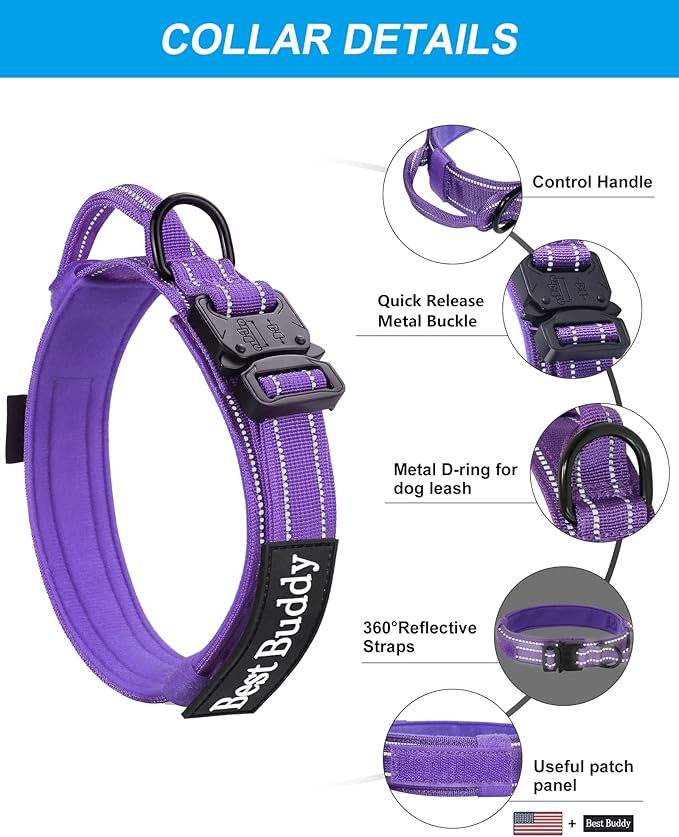 AUBELL Tactical Dog Collar and Leash Set, Reflective Adjustable Heavy Duty Military K9 Collars with Handle and Metal Buckle for Extra Large Dogs, with Airtag Case and 2 Patches(Purple,XL)