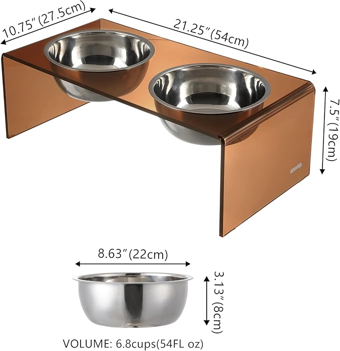 The LICKER Store DBL2001D Keaton 7.5" Medium/Large Modern Acrylic Rectangular Elevated Pet Feeder with 54oz 2-Stainless Steel Bowls, Amber/Chrome