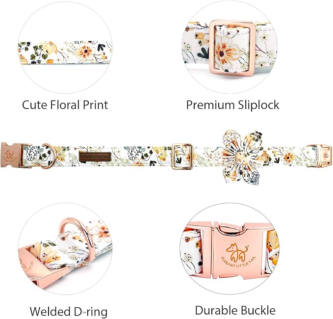 Elegant little tail Dog Collar, Floral Print Spring Pet Collars with Flower Pet Gift Girl Flower Collar Female Adjustable Dog Collars for Medium Dogs