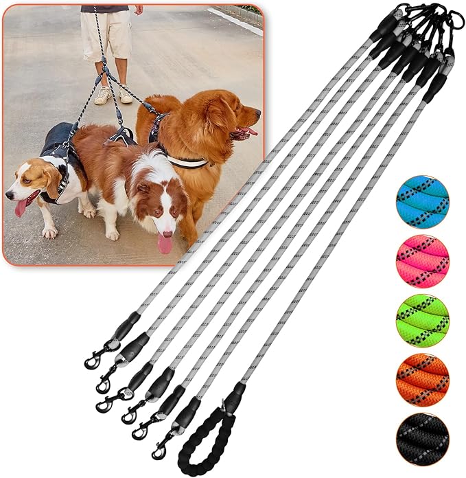 Double Leashes,Six Dog Leash,6 Way Leash for Dogs,6 Leash Dog Walker,360 Swivel No Tangle Walking Leash for 6 Dogs, 6 Dog Leash with Reflective, Dog Leash for Walking and Training