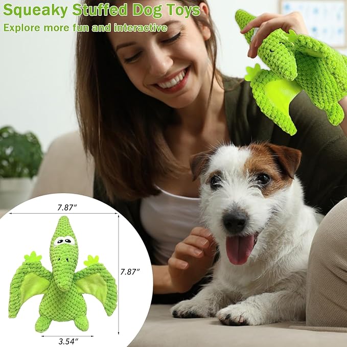 LWBMG Squeaky Dog Toys Plush Dog Toy with Crinkle Paper Dinosaur Dog Toy Stuffed Animals Chew Toy Plush Squeaky Dog Birthday Toys for Small Medium Large Dogs Green