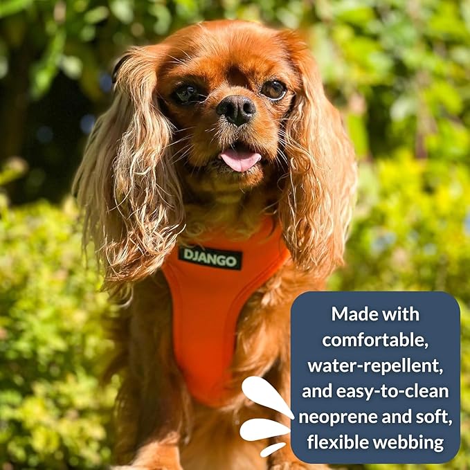 DJANGO Adventure Dog Harness - Stylish, & Durable Medium Dog Harness for Outdoor Adventures and Everyday Wear - Sunset Orange Neoprene Adjustable Harness for Dogs with Reflective Piping & Brass D-ring