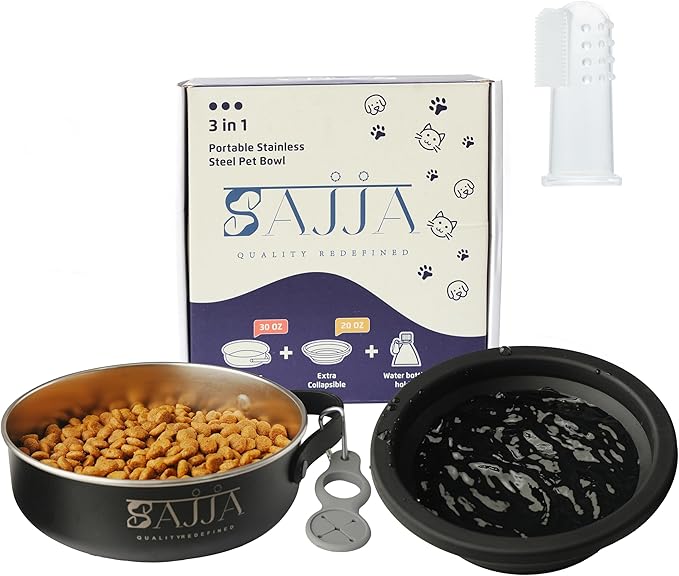 3-in-1 Travel Dog Bowl Set – 30 OZ Stainless Steel + 20 OZ Collapsible Water Bowl Lid | BPA-Free, Anti-Slip, Portable Dog Bowl w/Handle/Water Bottle Holder with Carabiner | Black Bowls
