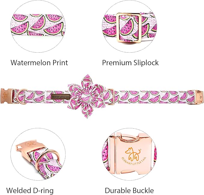 Elegant little tail Dog Collar with Flower, Watermelon Print Pet Collar Flower Pet Collars Summer Cute Adjustable Dog Collars for Small Dogs