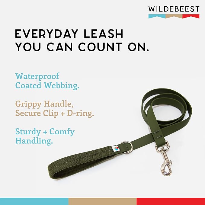 Wildebeest Funston Waterproof Dog Leash - Heavy Duty 6ft Long Leash for Small, Medium and Large Dogs - 1000D Nylon Scratch & Stink-Resistant & Pill-Free - Nylon Wrap Handle (3/4" Wide, 6 ft Length)