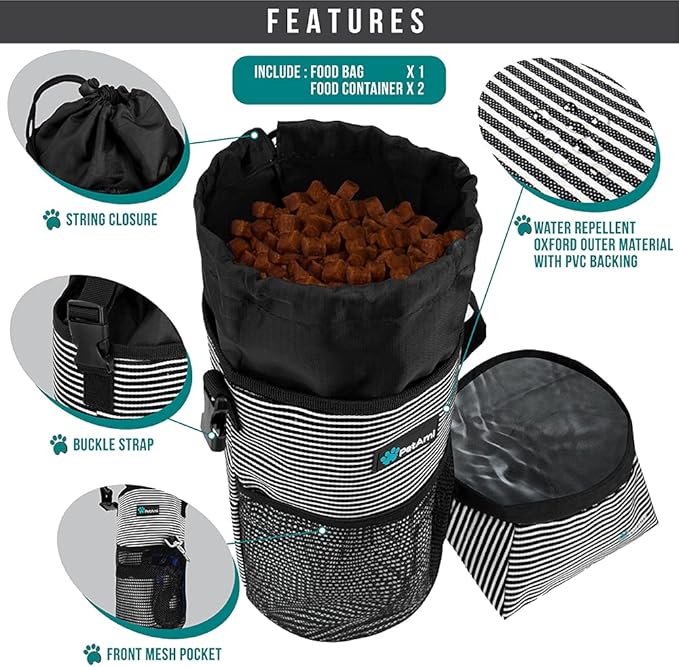 PetAmi Travel Dog Food Bag with 2 Collapsible Bowls Waterproof Dog Kibble Storage & Foldable Food Water Bowls for Dogs & Cats, Hiking & Camping (Stripe Black, Grey)