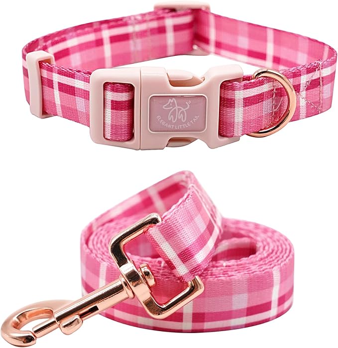 Elegant little tail Dog Collar with Leash, Pink Plaid Pet Collar Leash Adjustable Collar for Small Medium Large Dogs Soft Puppy Collars with Quick Release Buckle Girl Boy Dog Collars