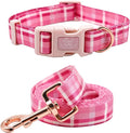 Elegant little tail Dog Collar with Leash, Pink Plaid Pet Collar Leash Adjustable Collar for Small Medium Large Dogs Soft Puppy Collars with Quick Release Buckle Girl Boy Dog Collars