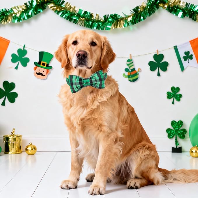 DOGWONG St. Patrick's Day Dog Collar with Bowtie, Green Plaid Bowtie Dog Collar for Small Medium Large Dogs,XS
