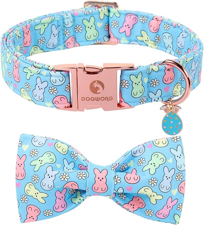 DOGWONG Easter Dog Collar, Blue Bunny Print Dog Collar with Bow, Girl Boy Pet Spring Holiday Dog Collars for Small Medium Dogs,M