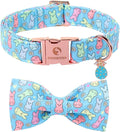 DOGWONG Easter Dog Collar, Blue Bunny Print Dog Collar with Bow, Girl Boy Pet Spring Holiday Dog Collars for Small Medium Dogs,M