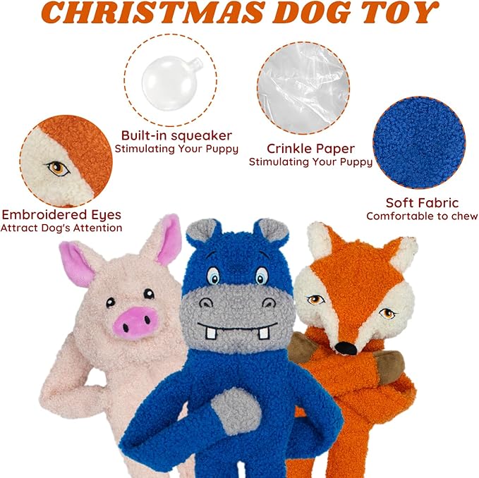 3 Pack No Stuffing Dog Toys Crinkle Squeaky Interactive Plush Dog Toy, not for Aggressive Chewers, to Keep Them Busy,Furry Friend Teething,Shape Orange Fox Pink Pig Blue Hippo
