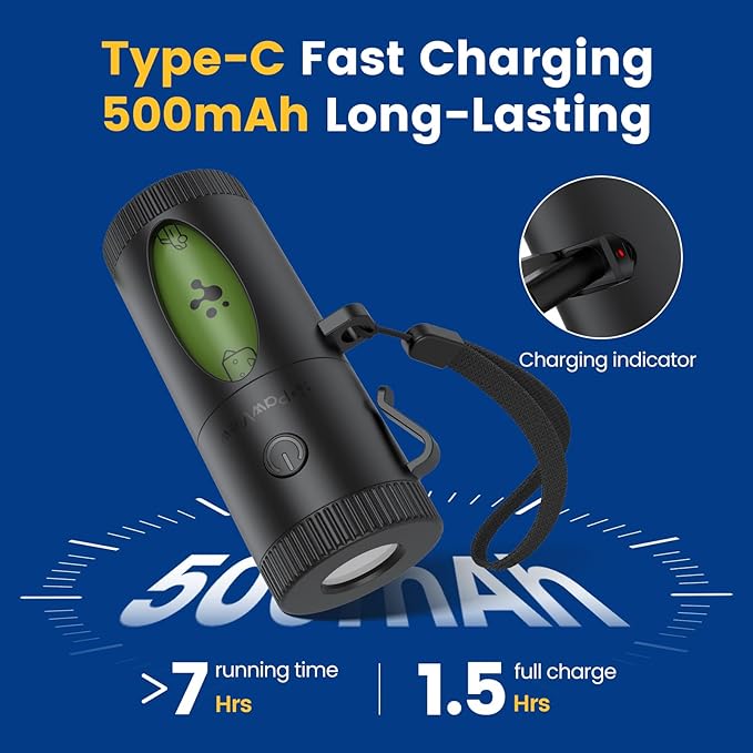 Dog Poop Bag Holder with 4 Modes Flashlight Rechargeable, Smart Dispenser with Used Bags Hook & Retractable Bags Design, Dog Walking Accessory with Carabiner Clip Fits Any Leash (60 Bags Included)