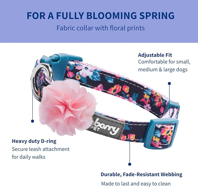 Blueberry Pet Made Well Elegant Floral Print Adjustable Dog Collar in Sleek Black with Pink Artificial Silk Flower, Medium, Neck 14.5"-20"