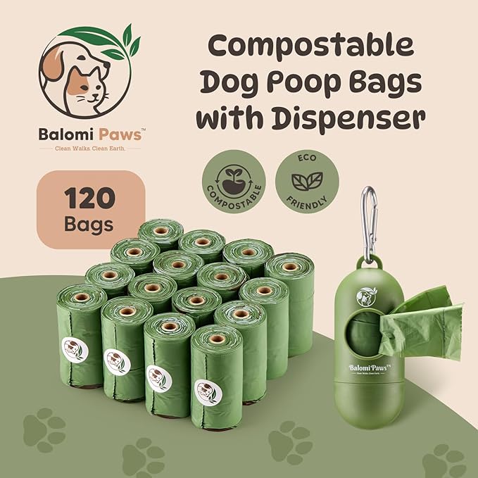 Compostable Dog Poop Bags 120 Count with Dispenser – Extra Thick Lavender Scented Pet Waste Bags, Leak Proof, Eco Friendly, Plastic Free Core, Biodegradable Dog Poop Bag Refills by Balomi Paws
